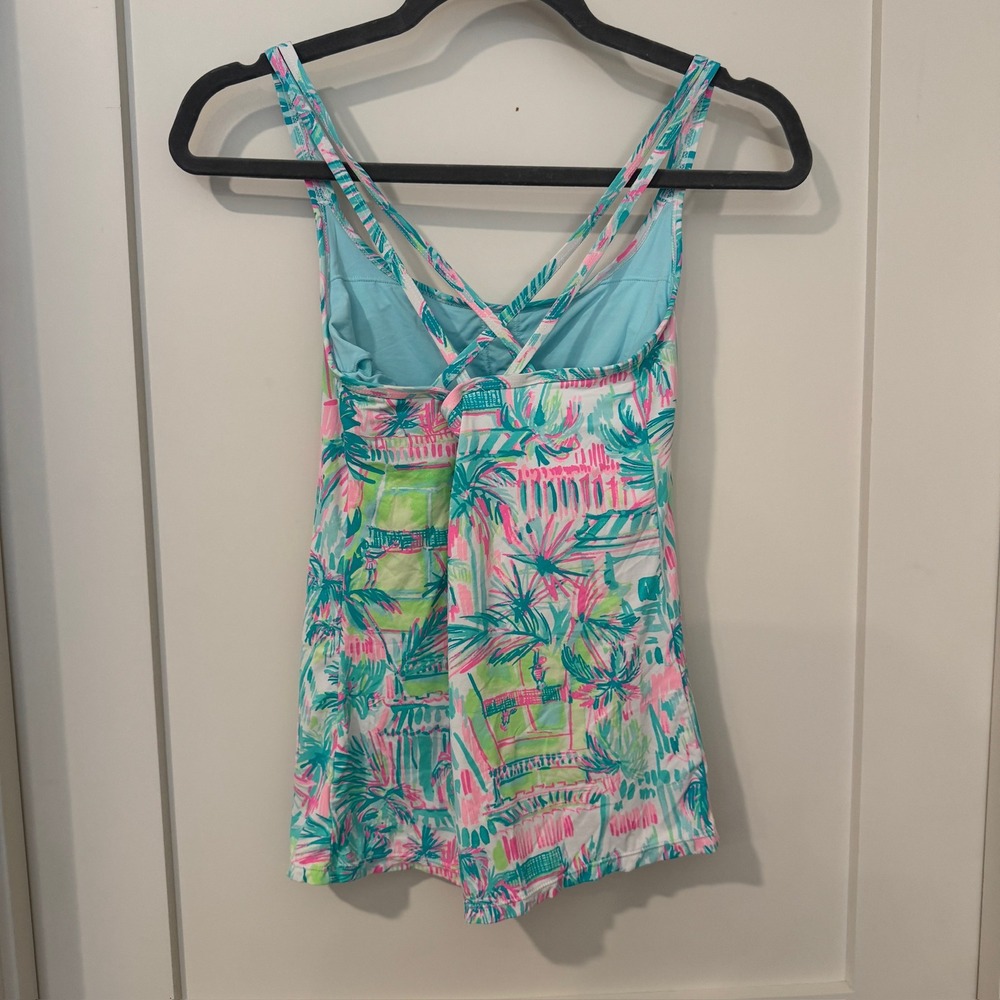 Lilly Pulitzer Luxletic Tropical Palm Print Tank Top Shelf Bra XS Pink Green
